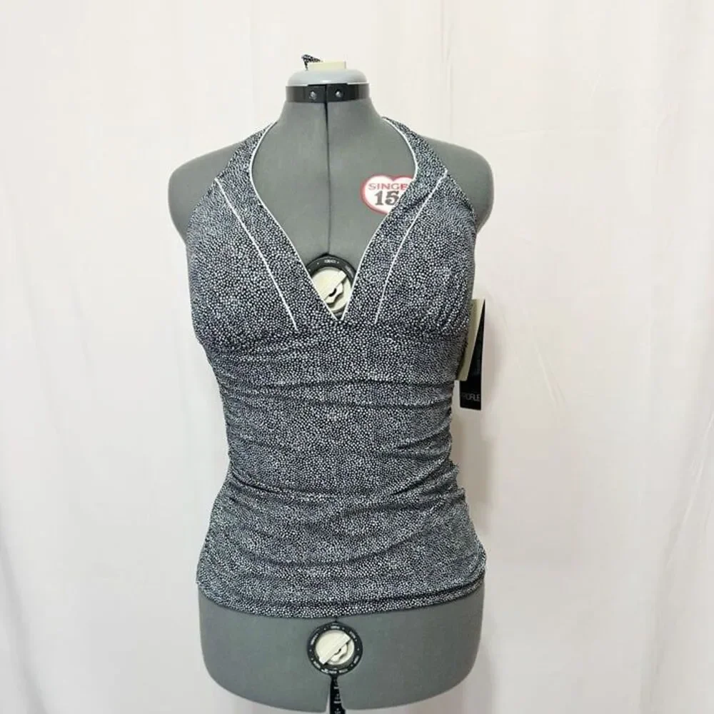 Profile By Gottex NWT Sz 12 Black White Colette V-Neck Halter Tankini Swim Top